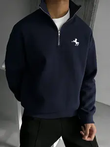 Men's Horse Logo Half-Zip Sweatshirt, Vintage Racing Style Horse Print Stand Collar Fleece Pullover, Casual Loose-Fitting Spring & Fall