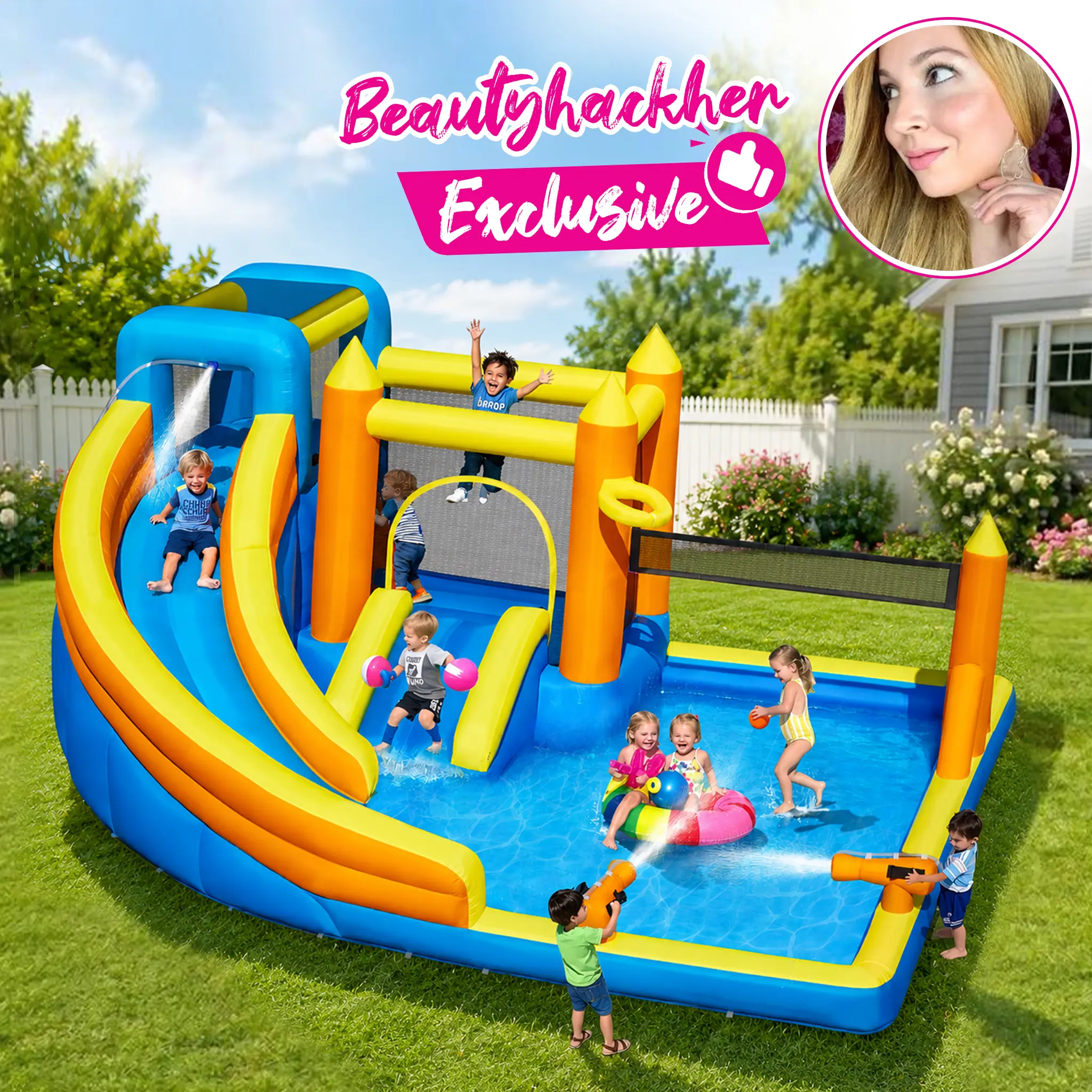 【Beautyhackher Exclusive】InflaInflatable Water Slide For 4-6 kids, Big Water Bounce House for Kid Backyard, Blow Up Water Park with 550W Blower, Splash Pool, Water Cannon, Climbing Wall for Kids Outdoor and Indoor