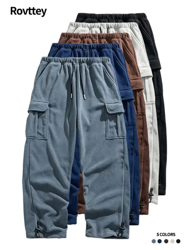 Men's Fleece Cargo Pants Elastic Drawstring Waist Multi‑Pocket Loose Wide Leg Adjustable Cuff Casual Outdoor Trousers
