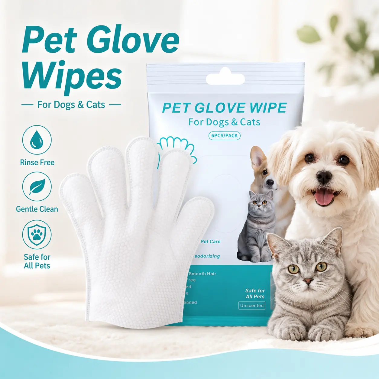 6Pcs Pet Glove Wipes for Dogs & Cats – No-Rinse Disposable Grooming Gloves for Paws, Face, Ears & Full Body, Gentle Waterless Bath Wipes for Daily Cleaning, Travel & After Walks sohochic