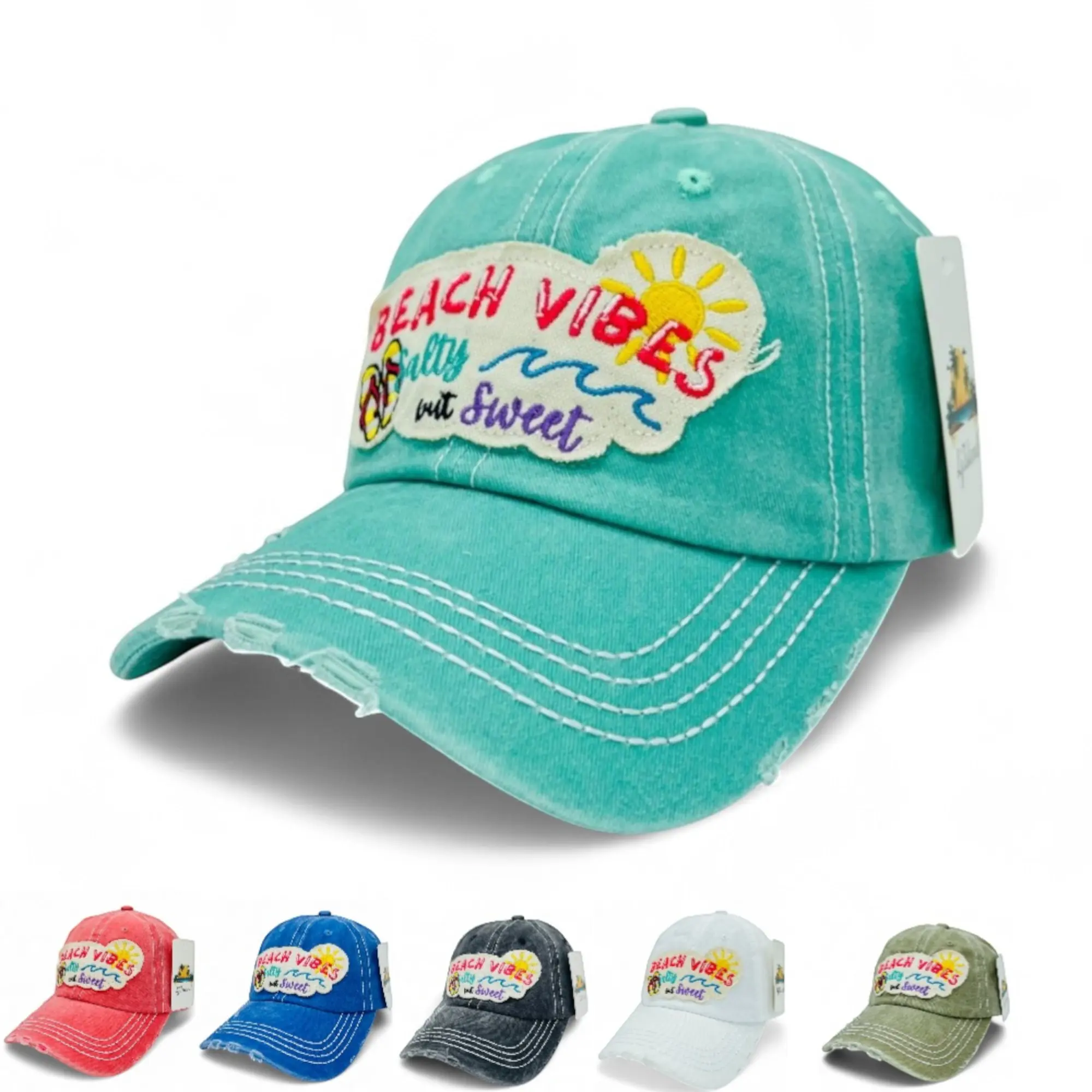 "Beach Vibes Salty But Sweet" Baseball Cap Vintage Distressed Embroidered Patch - Local Artist Designed, 100% Cotton, Breathable, Casual, Adjustable, UV Protection