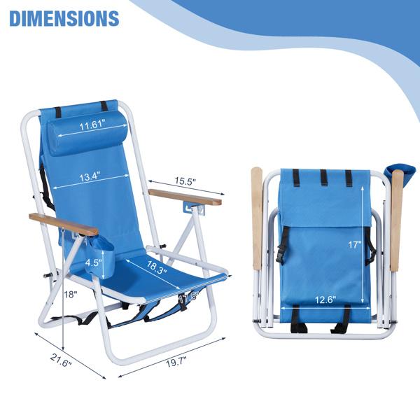Folding Beach Chair Set of 2 for Adults 4 Position Portable Backpack Foldable Camping Chair with Headrest Cup Holder and Wooden Armrests Blue