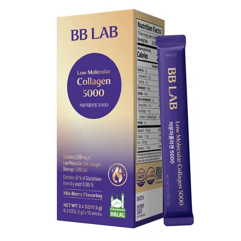 [BB LAB] Low Molecular Collagen 5000, Powder Type Korean Marine Collagen, Fish Collagen Peptides, Hyaluronic Acid, Elastin, Glutachione, Vitamin C, Fast Absorb, Mix Berry Flavor (6.5g x 15 sticks)