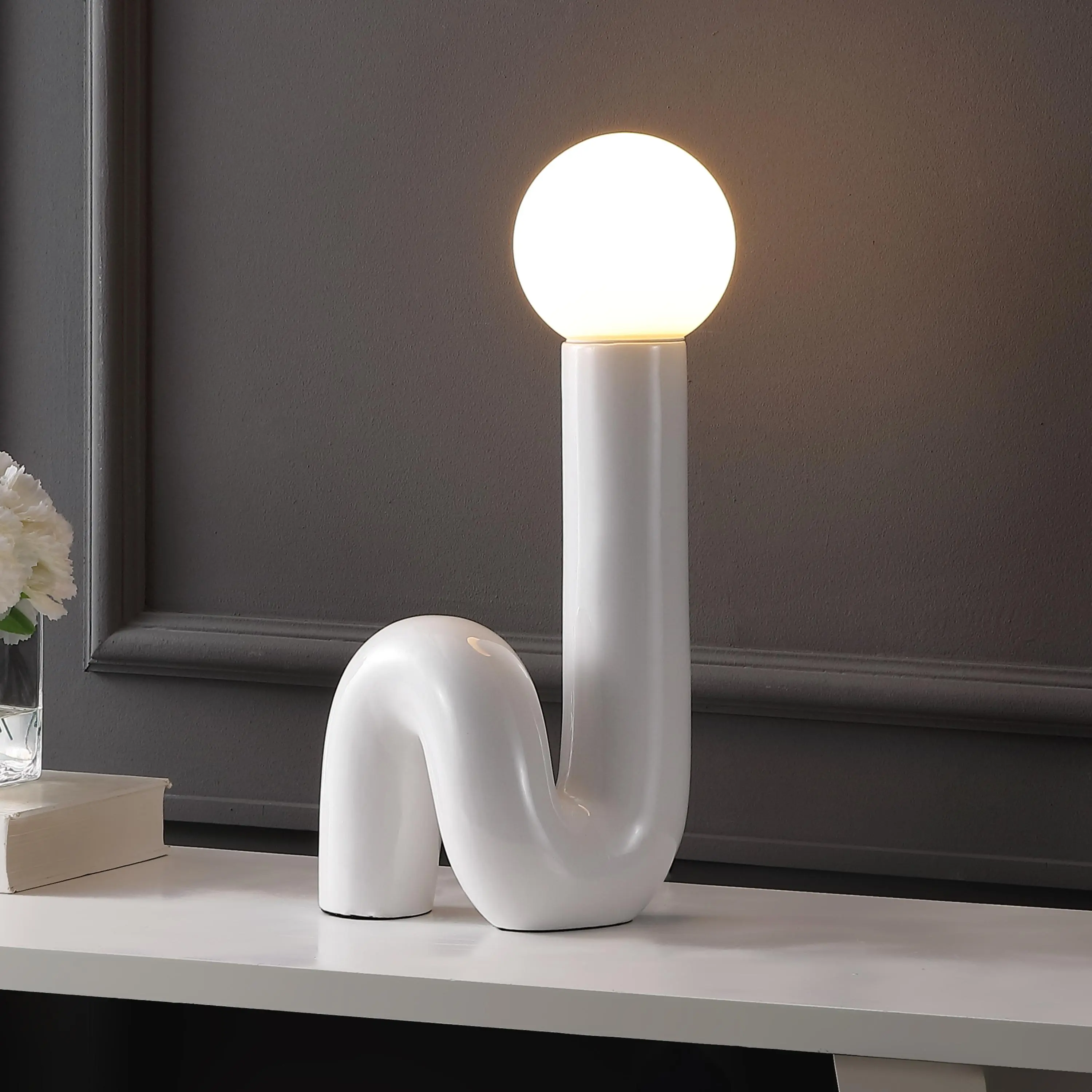 JONATHAN Y Katya 18" Scandinavian Ceramic Spiral Lamp | Frosted Glass Globe Shade, LED Bulb Included, In-Line Switch, Contemporary Bedside Nightstand Accent Light, Minimalist