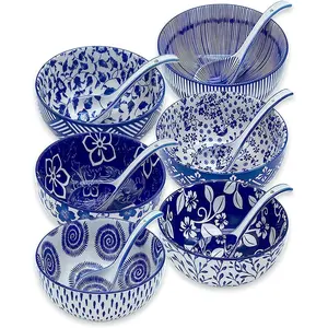 Japanese Ceramic Bowls Set of 6, 28 Oz Large Asian Porcelain Ramen Soup Salad Cereal Noodle Bowl with 6 Spoons, Deep Bowl for Kitchen Decor and Housewarming Gift, Dishwasher & Microwave Safe