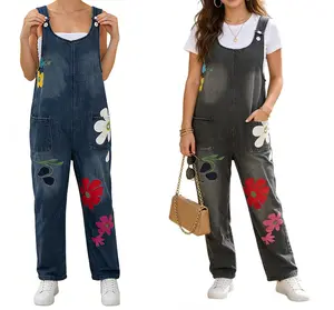 DUTUT Women's Denim Baggy Strap Overalls Floral Print Casual Summer Loose Jean Pants Fashion Casual Jumpsuits with Pockets Plus Size for Daily Wear