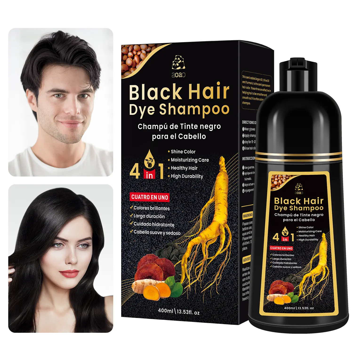 AOAO Black Hair Dye Shampoo – 4-in-1 Plant-Based Color & Care!  Shine, Moisturize, Strengthen & Lasting Color. Perfect for Gray Coverage & Dry Hair