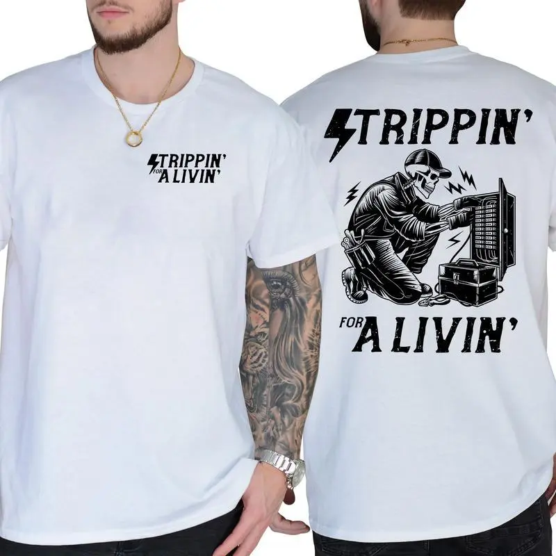 Men's Casual Short-Sleeve Electrician Graphic Print T-Shirt - "Strippin' for a Livin'" Soft Cotton Menswear Fabric, Round Neck Fitted Breathable Top, Gift for Trade Workers