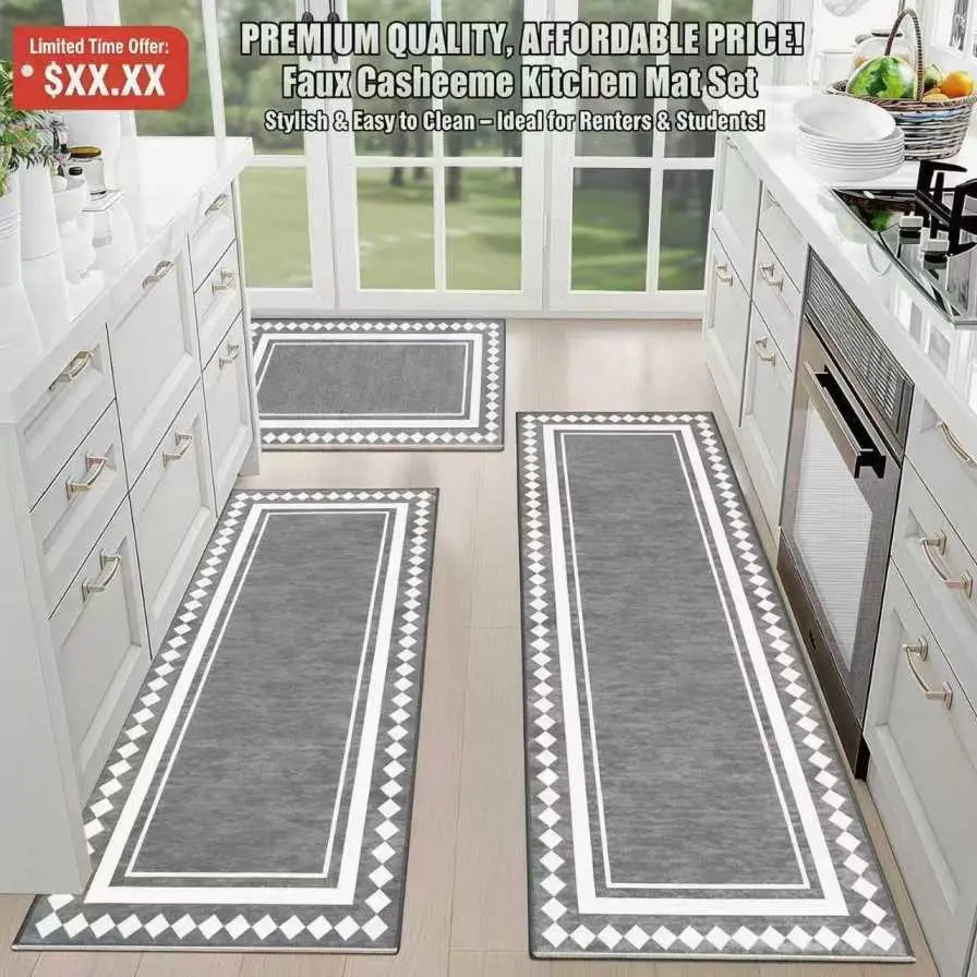 Polyester Flannel Kitchen Rugs 2/3-Piece Sets, Non-Slip Machine Washable Water-Absorbent Wrinkle-Resistant Standing Mats, for Kitchen & Office Standing Desk (3 Optional Sets: A/B/C)