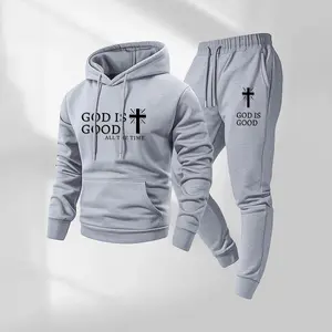 Men's GOD Letter Printed Hoodie and Drawstring Sweatpants Set, Menswear, Casual Athletic Long Sleeve Hooded Jacket & Trousers for Fall & Winter, Men's Clothing for Daily Wear, Sportswear Indoor Outdoor, Tracksuit, Athleisure Summer Clothes