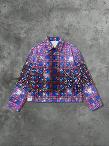 Men's Woolen Autumn Winter Jacket, Gradient Plaid Design, Rhinestone Embellished, Loose-Fitting, Long Sleeve, Casual Style