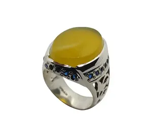 Natural Yellow Agate Mens Lattice Ring: Sterling Silver 925 Handmade Yemeni Aqeeq Jewelry