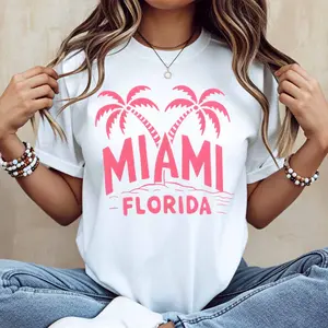 Palm Tree Miami Florida Print T Shirt Women Casual Short Sleeve Top Summer Beach Style Graphic Tee