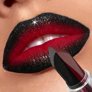 Dual-Tone Lipstick Matte Crimson & Shimmer Black - 24H Waterproof, Non-Stick Cup Lip Makeup with Glitter Finish for Halloween/Christmas/Cosplay. Smudgeproof, Highly Pigmented Lip Gloss & Lipstick Combo for Day to Night Wear