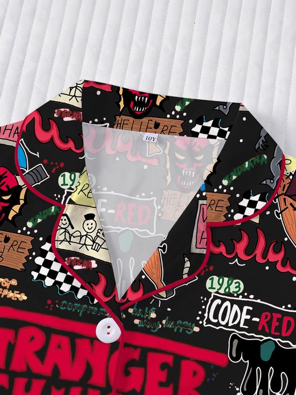 Stranger Things Kids Pajama Set, Cartoon Print Short Sleeves & Loose Fit Shorts, Casual Home Wear for Boys Girls