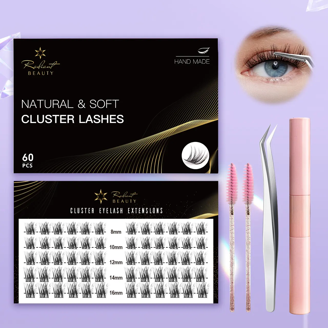 Radiant Premium Synthetic Lash Cluster Pack (60pcs) - Removable Eyelash Extensions with Varied Lengths for Cosmetic Makeup