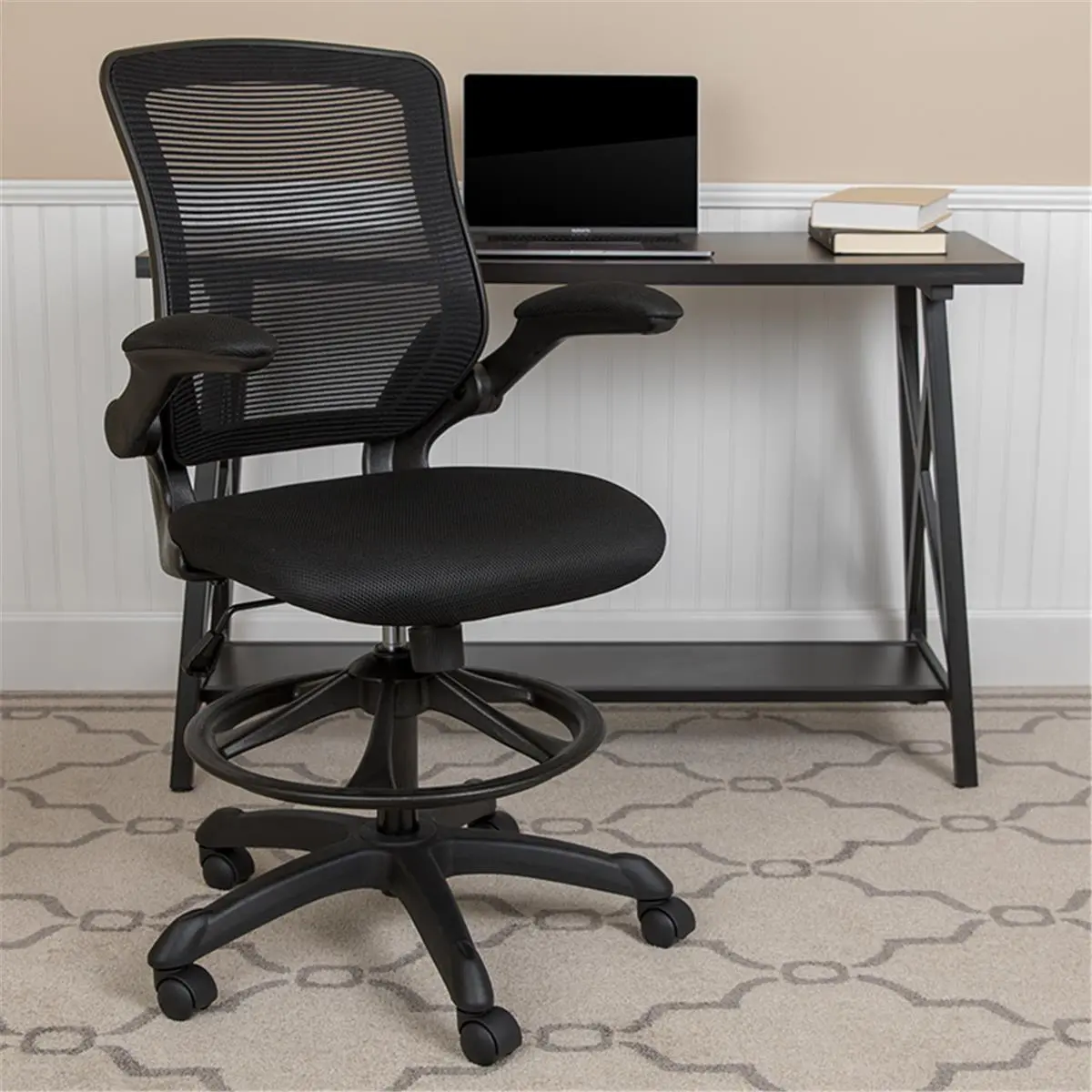 Flash Furniture  Mid Back Black Mesh Ergonomic Drafting Chair with Adjustable Foot Ring & Flip Up Arms