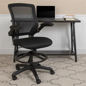 Flash Furniture  Mid Back Black Mesh Ergonomic Drafting Chair with Adjustable Foot Ring & Flip Up Arms