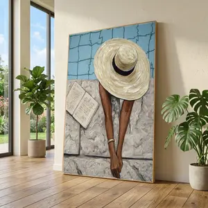 [sale off up to 40%] [Frame Canvas] Woman Reading by Pool Canvas Art, Summer Leisure Scene, Straw Hat Wall Decor