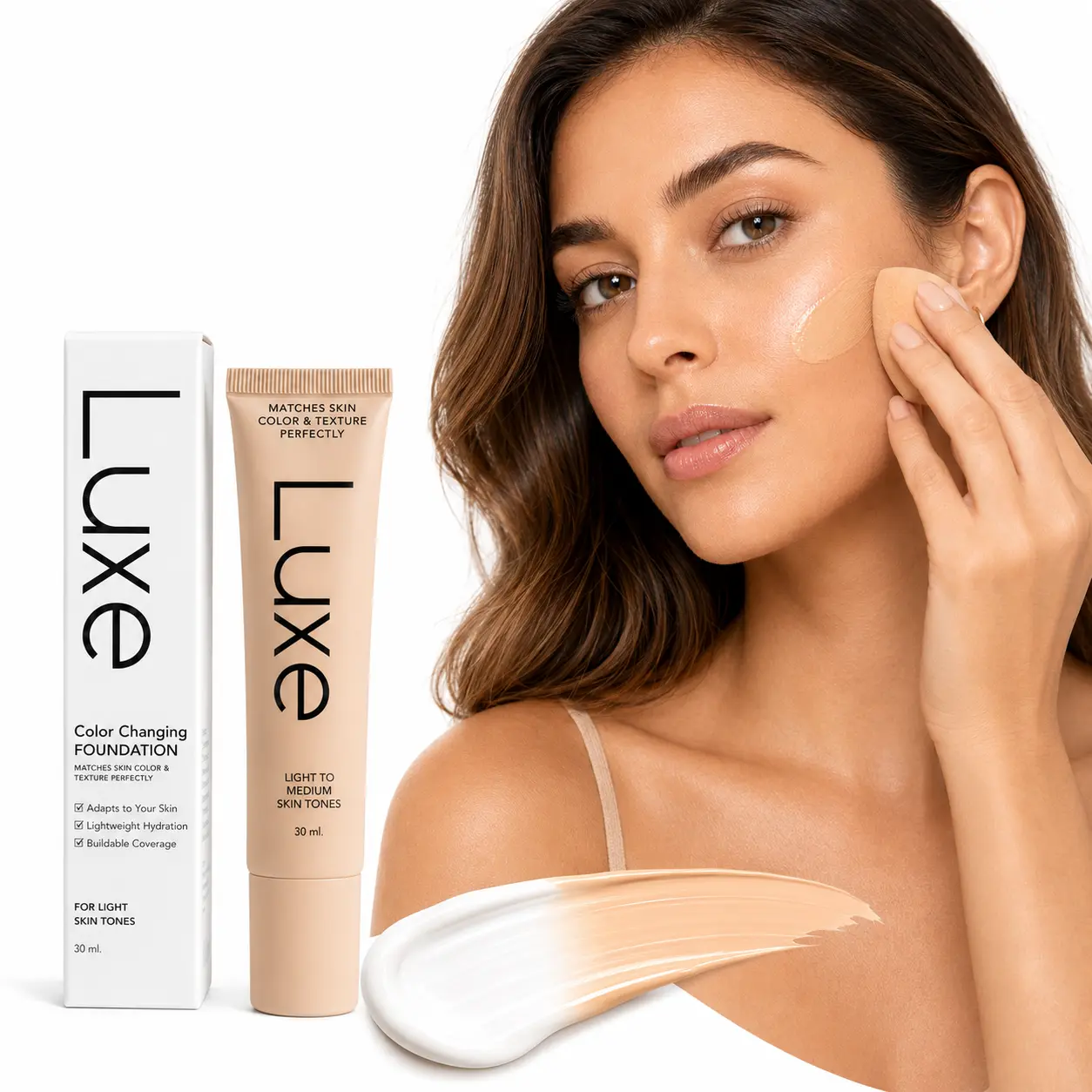 Luxe Color Changing Foundation, Skin Tone Matching Liquid Makeup for Light to Medium Skin Tones, Lightweight Hydrating Face Foundation with Buildable Coverage, Natural Flawless Finish, Seamless Blend Beauty Makeup