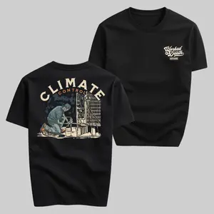 Climate Control HVAC Technician Graphic T-Shirt Black Vintage Workman Tee with Mechanic Repairing AC Unit Back Print and Worked to Death Chest Logo, Unisex Retro Streetwear Summer Casual Apparel for Tradesmen and Blue Collar Workers