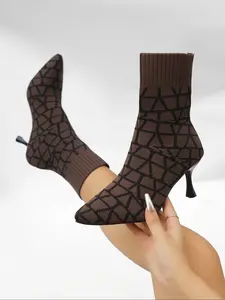 Women's Chunky Heeled Shoes, Pointed Toe High Heels, Elastic Knit Design, No Stretch, Perfect for Work and Casual Wear, Boot Heels, Boots Heels