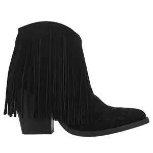 Dingo Womens Tangles Fringe Embroidered Pointed Toe Pull On Casual Boots Ankle High Heel 3" & Up - Black