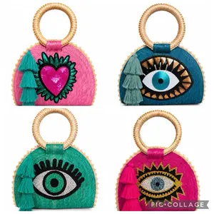 Bolso Small de Fibra Natural Tejido a Mano 8x10 inch. Diseño artesanal con aplique.