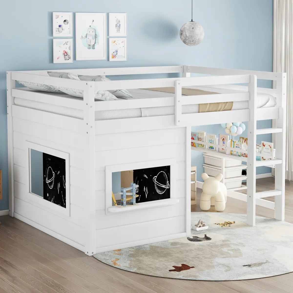 Full Size Loft Bed with Storage a playful sliding chalkboard, built-in bookshelf, and high-quality safety rails