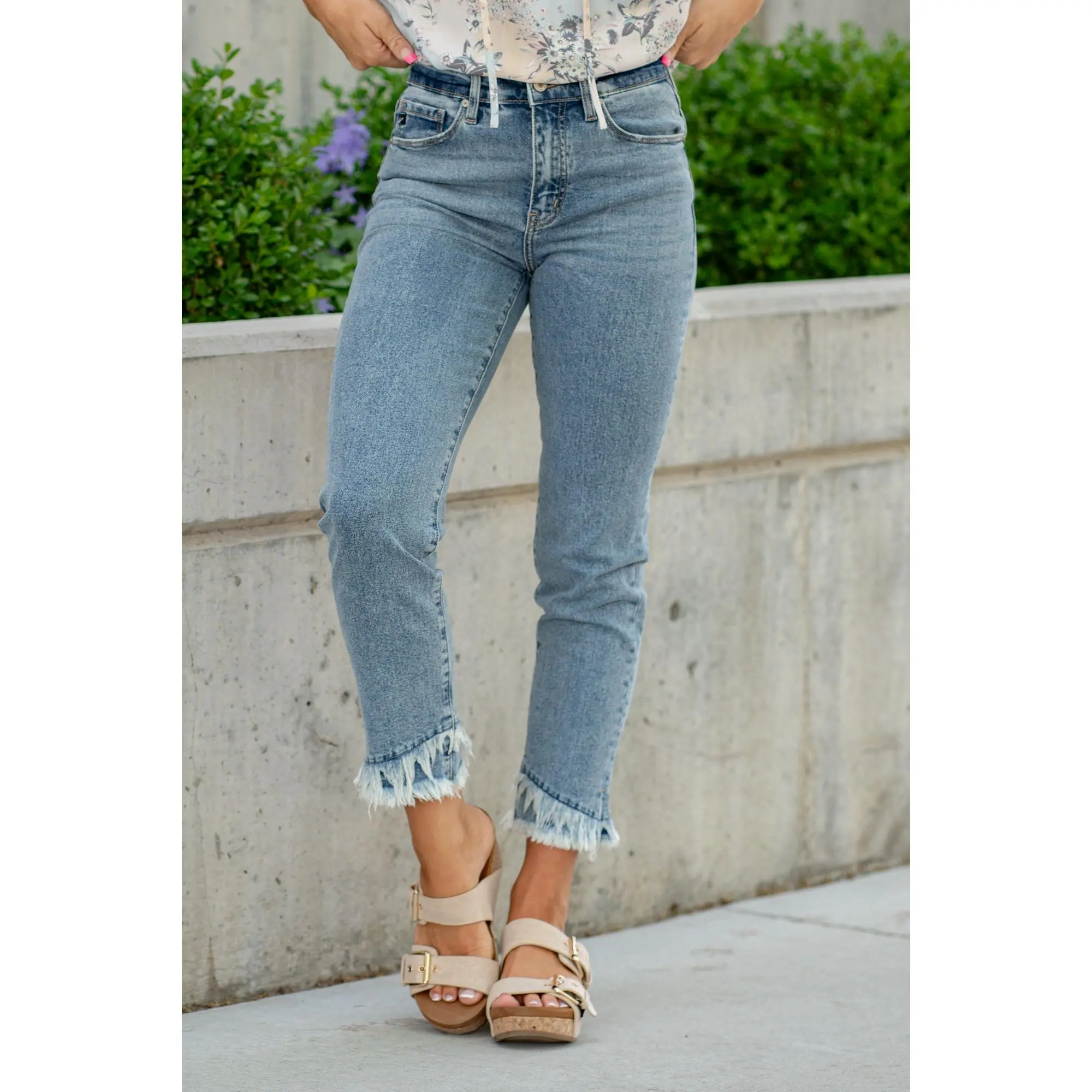 KanCan Double Fringe High Rise Straight Jeans Fit Medium Blue Style Leg, Spandex, Pocket, Comfortable, Cotton, Denim