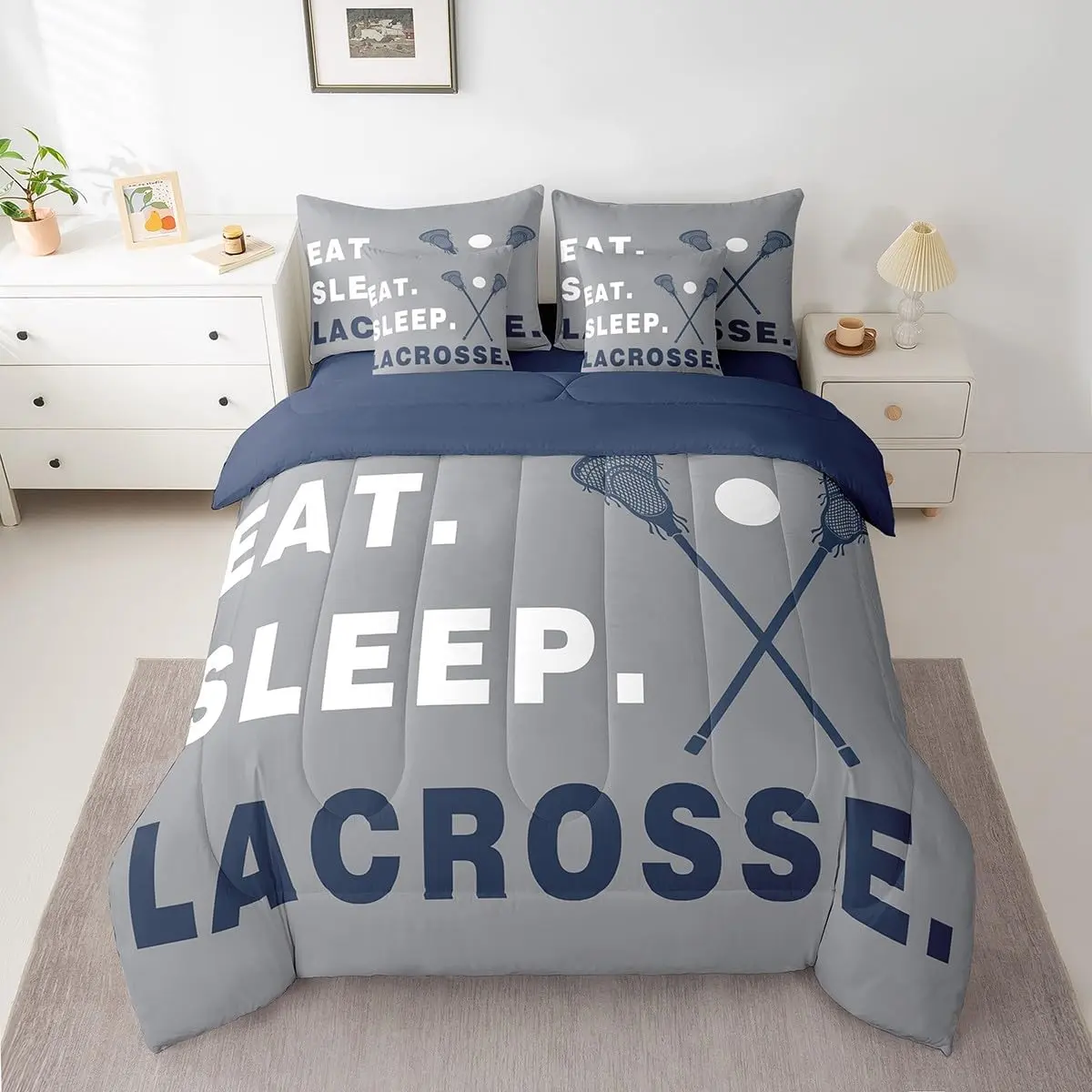 Feelyou 7-Piece Lacrosse Ball Sports Theme Twin-Size Bedding Set - Soft Gray Kids' Comforter Set with 18x18 in Cushion Cover