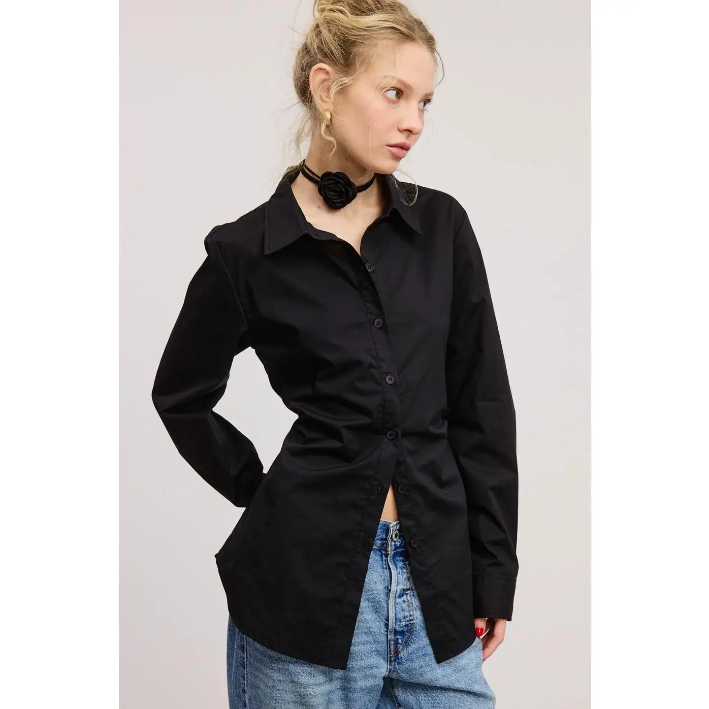 Women's Collared Cotton Ribbon Tie-Back Blouse - Black - FINAL SALE