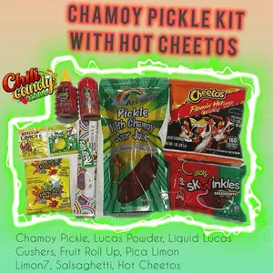 Chamoy Pickle Kit with Hot Cheetos, Gusher, Fruit Roll Up, Lucas Powder, Liquid Lucas, Salsaghetti Skwinkles, Pica Limon Powder, Limon7 salty powder Snack Kit