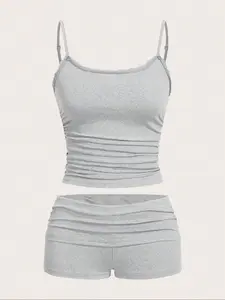 Women's Contrast Lace Cami Top & Ruched Shorts Two-Piece Set, Casual Sleeveless Spaghetti Strap Top & Shorts for Daily Wear, Ladies Two-piece Outfits for All Seasons, Camisole Sets