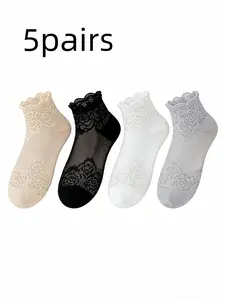 Women's Floral Lace Scallop Ankle Socks, Soft Breathable Comfortable Socks, Ladies Sheer Socks for Summer