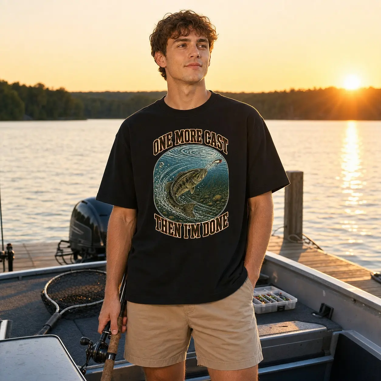 XTAUTO "1 More Cast Then I'm Done" Fishing T-Shirt - Men's/Women's Unisex 220G Cotton Regular Fit Crew Neck with Retro Largemouth Bass Graphic for Freshwater Anglers