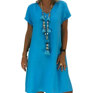 Chvity Women's Breathable Linen V-Neck Short-Sleeve Loose Pull-On Basic Midi Dress - Ideal for Summer Casual Wear, Shortsleeve