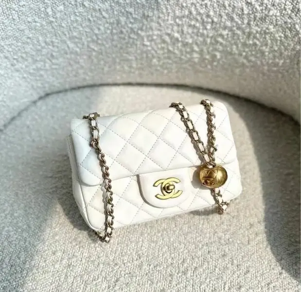 ‮ LENAHC  ‬Classic Flap Mini Square Bag, White Quilted Lambskin Leather Gold‑Tone CC Logo Ball Charm Chain Crossbody Shoulder Handbag