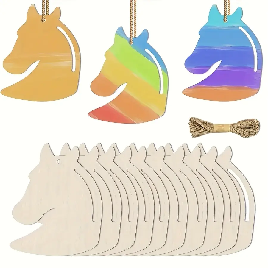 10-Piece Wooden Horse Head Craft Set, Handicraft DIY Painting & Graffiti Home Decor, Multi-Color Realistic Wood Ornaments for Weddings, Christmas, Thanksgiving