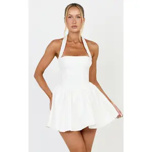 Helda Mini Dress - Halter Tie Neck Corset Panel Dress in White