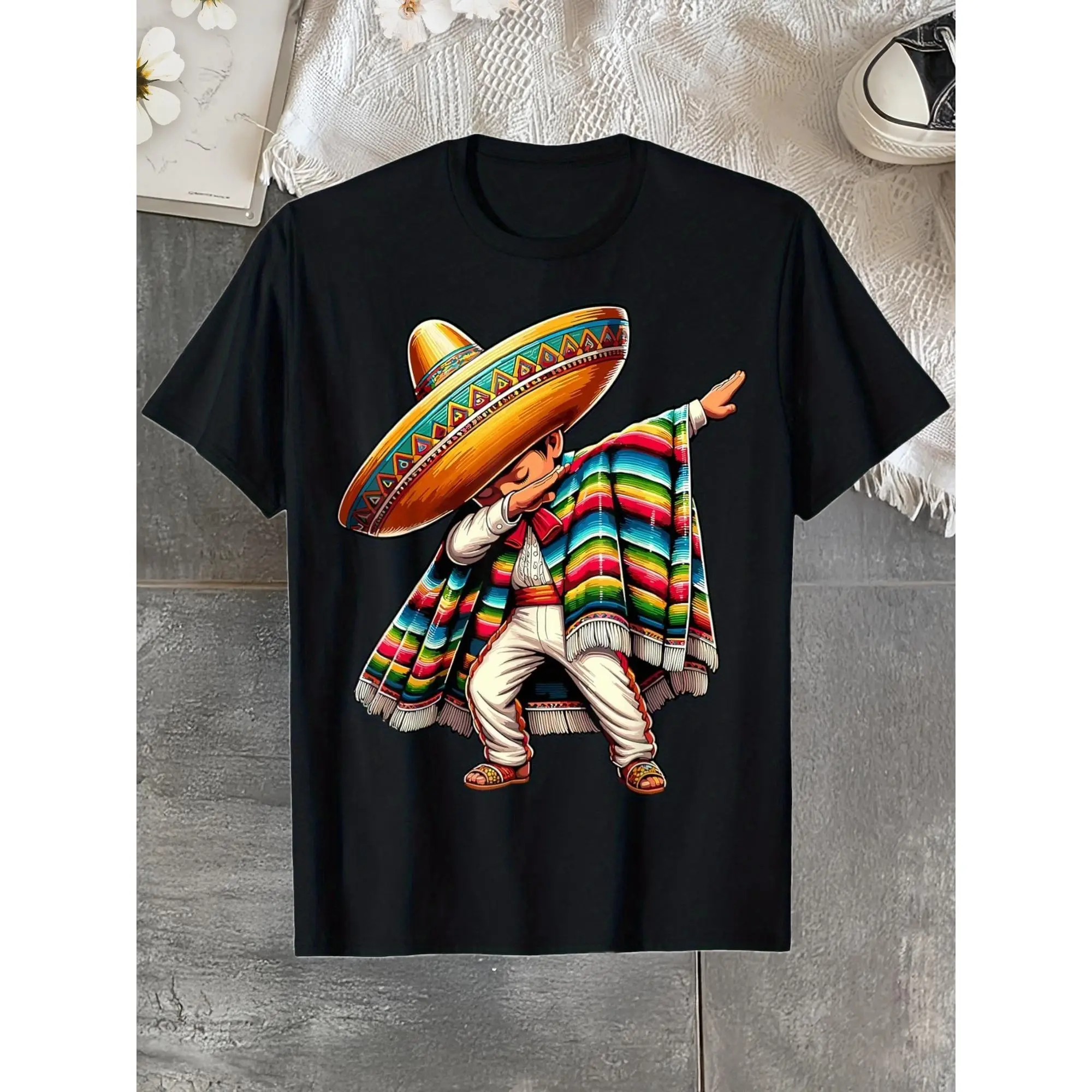 Boys' Crew Neck Loose Dabbing Mexican Poncho Cinco De Mayo T-Shirt - Stitched Street Style, Soft, Breathable, All-Season, Machine Washable Casual Top, Relaxed Fit, Cotton, Graphic, Chilling At Home, Layering, No Closure, Novelty Print, S, Streetwear