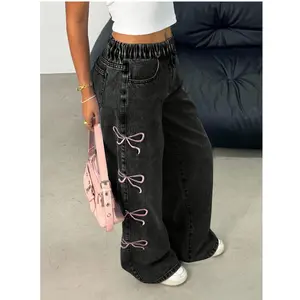Y2K Teen Girl Jeans, Pink Bow Embroidery Trendy Black Denim Pants for Girls, Versatile for Various Holidays and Occasions, Elastic Waist for Comfort, Breathable Fabric Suitable for All Seasons