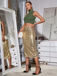 Women's Sequin Midi Skirt, Elegant Party Dress, Side Zipper Design, Slim-Fitting, High Waist, Fishtail Style, All Seasons