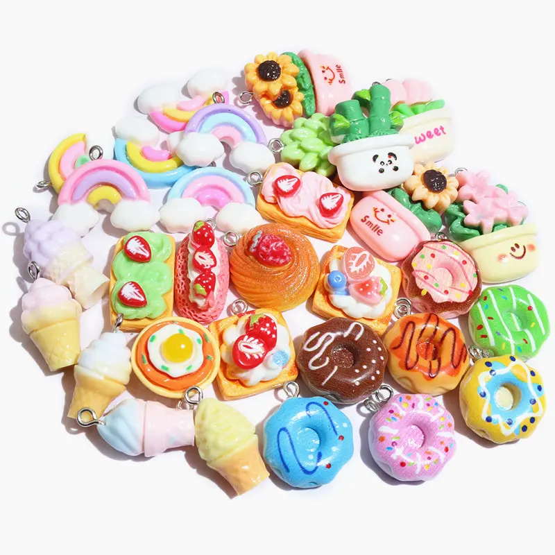 10pcs Resin Pendants Cute Cake Flowers Rainbow Ice Cream Charms Mixed Colors for DIY Jewelry Making Accessories Findings﻿