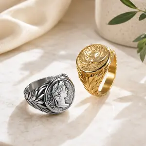 Vintage Roman Coin Signet Ring for Men and Women, Gold Silver Color Statement Ring, Retro Fashion Jewelry, Adjustable Open Ring Gift