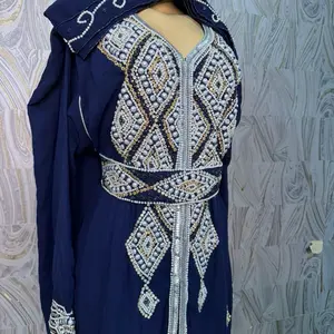 Luxury Dubai Kaftan with Embellished Design for Women Navy Blue Beaded and Sequined Abaya