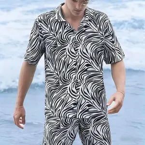 Men's 2-Piece Zebra Print Outfit | Vintage Cuban Collar Short Sleeve Shirt + Elastic Drawstring Black Shorts, Streetwear Summer Casual Set for Vacation & Daily Wear