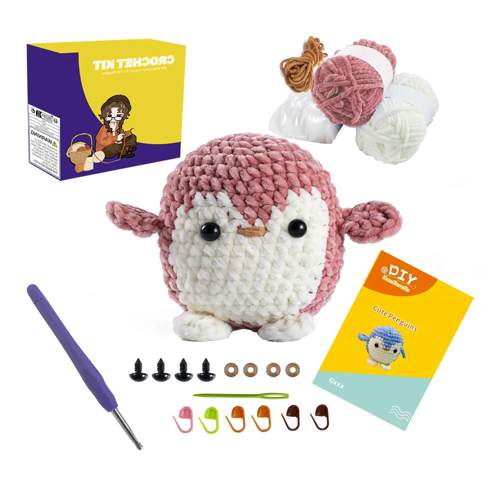 1 Set Penguin Design Crochet Kit, Including Step-by-step English Video Tutorial, English Description Manual, Crochet Hook, Scissors, Marker Pin, Sewin