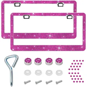 Bling License Plate Frame, Sparkly License Plate Tag Cover with Multifaceted Rhinestones, Stainless Steel  License Plate Holder, Universal Exterior  Accessories (Pink, 2 count)