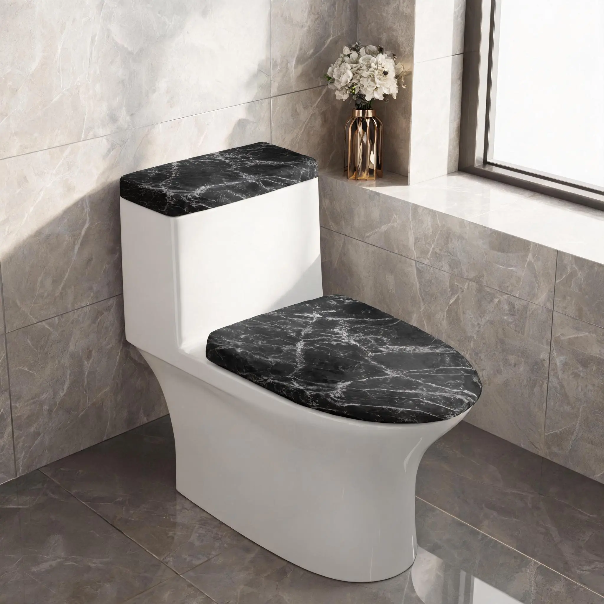 Toilet Lid and Tank Cover Set, Soft Stretchable Marble Print Washable Covers for Bathroom Decor, Ideal for Apartment Dorm Guest Bath